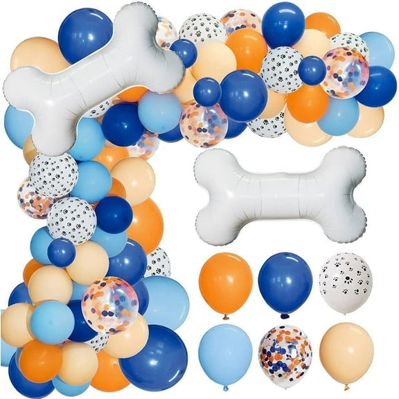 WODJR 117 Pieces Dog Paw Balloon Garland Kit Blue Balloon Garland Dog Paw Balloon Blue Orange Latex Balloons Bone Balloons for Paw Party Decorations Paw Dog Patrol Toys Birthday Decorations