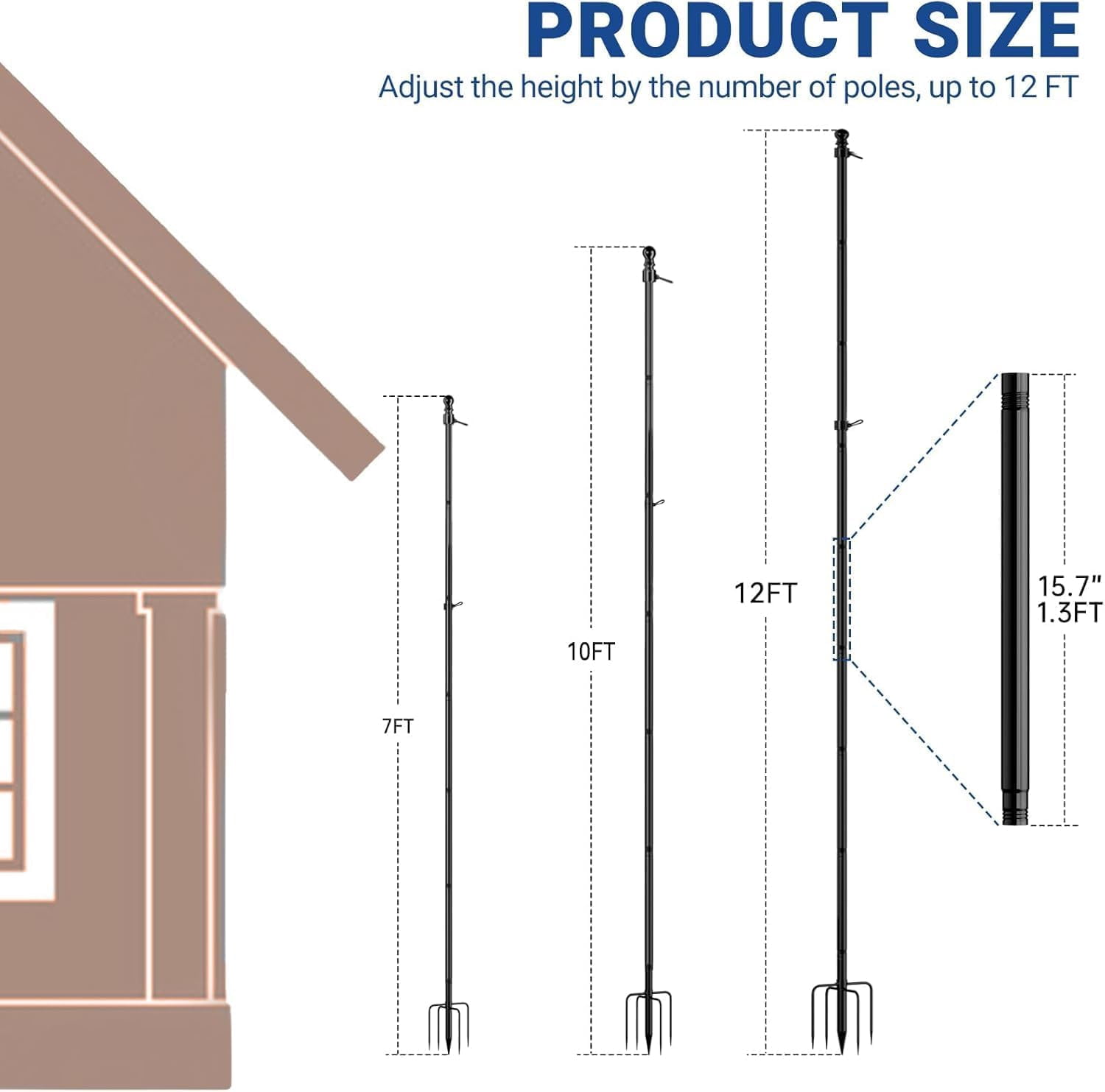 FIASON 1 Pack 12 FT Black Stainless Steel Flag Pole, Heavy Duty Tangle-Free Flagpole with 5-Prong Base, In-Ground Outdoor Yard Commercial Garden Flag Holder Kit, No Flag Included