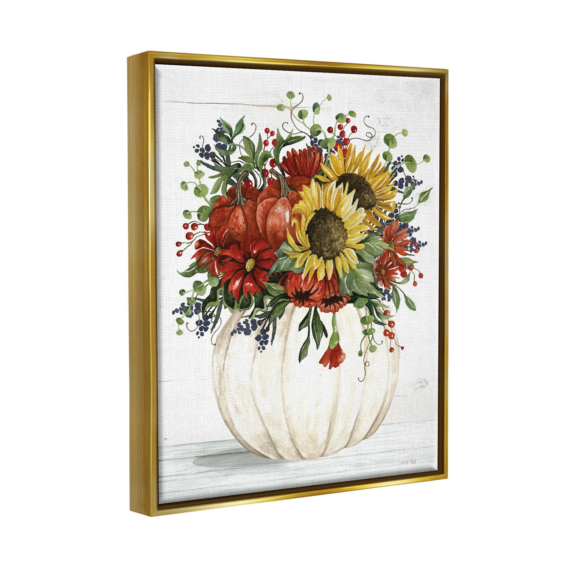 Country Sunflower Pumpkin Bouquet Botanical & Floral Graphic Art Metallic Gold Framed Art Print Wall Art