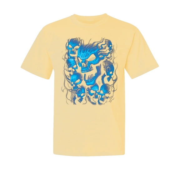 Wild Bobby, Dripping 3D Blue Flaming Skulls, Streetwear, Garment-Dyed Washed Look Short Sleeve T-Shirt, Banana, Small