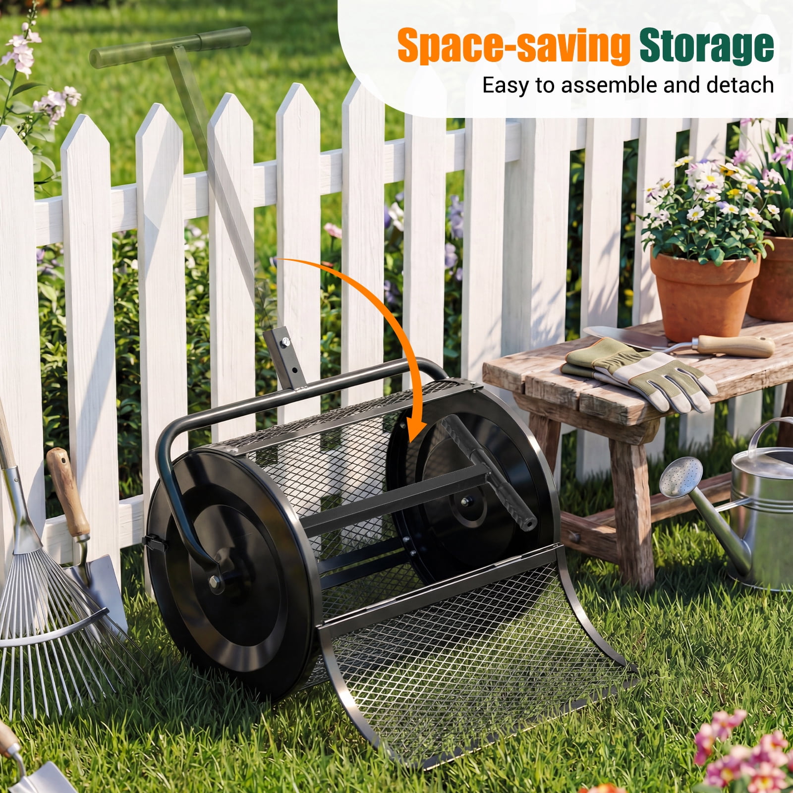 Gymax Compost SpreaderPeat Moss Spreader Roller w/Height-adjustable T-shape Handle Black