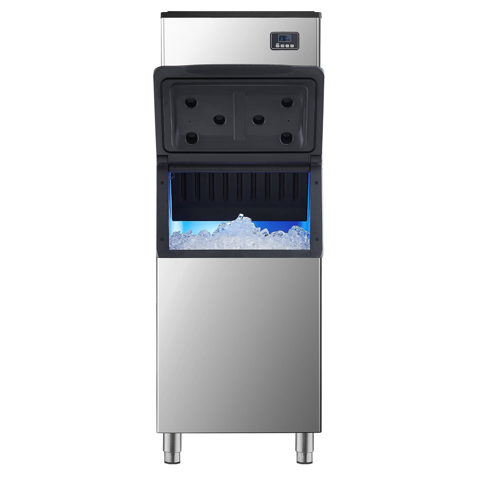 KFFKFF 360LBS/24H Commercial Ice Maker Machine with 300LBS Large Storage Bin Freestanding/Built-In, Stainless Steel Clear Ice Cube Maker LCD Panel