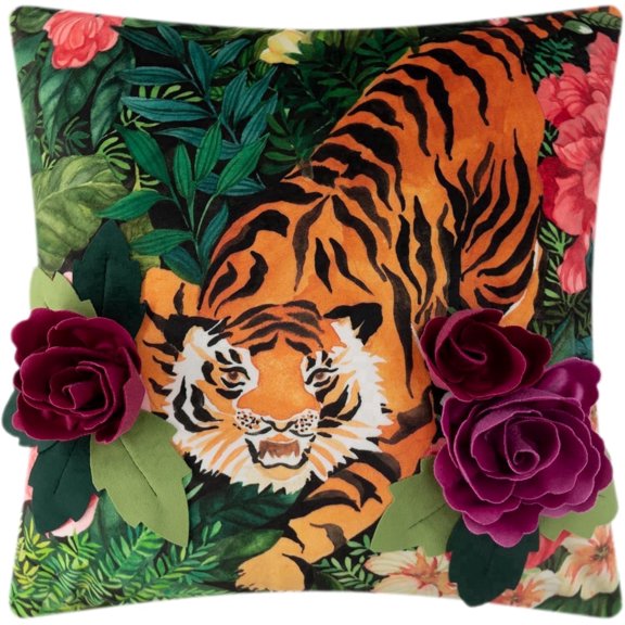 JWH 3D Floral and Jungle Print Tiger Throw Pillow Covers 18x18inches Velvet Rose Decorative Cushion Covers for Sofa Bed