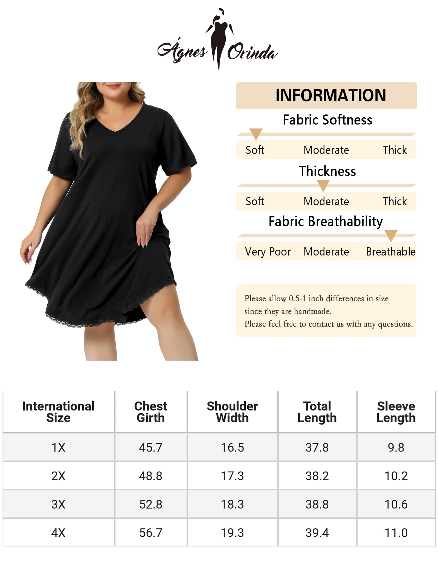 Unique Bargains Women's Plus Size V Neck Lace Trim Hem Loose Nightgown Sleepwear Pajamas 1X Black