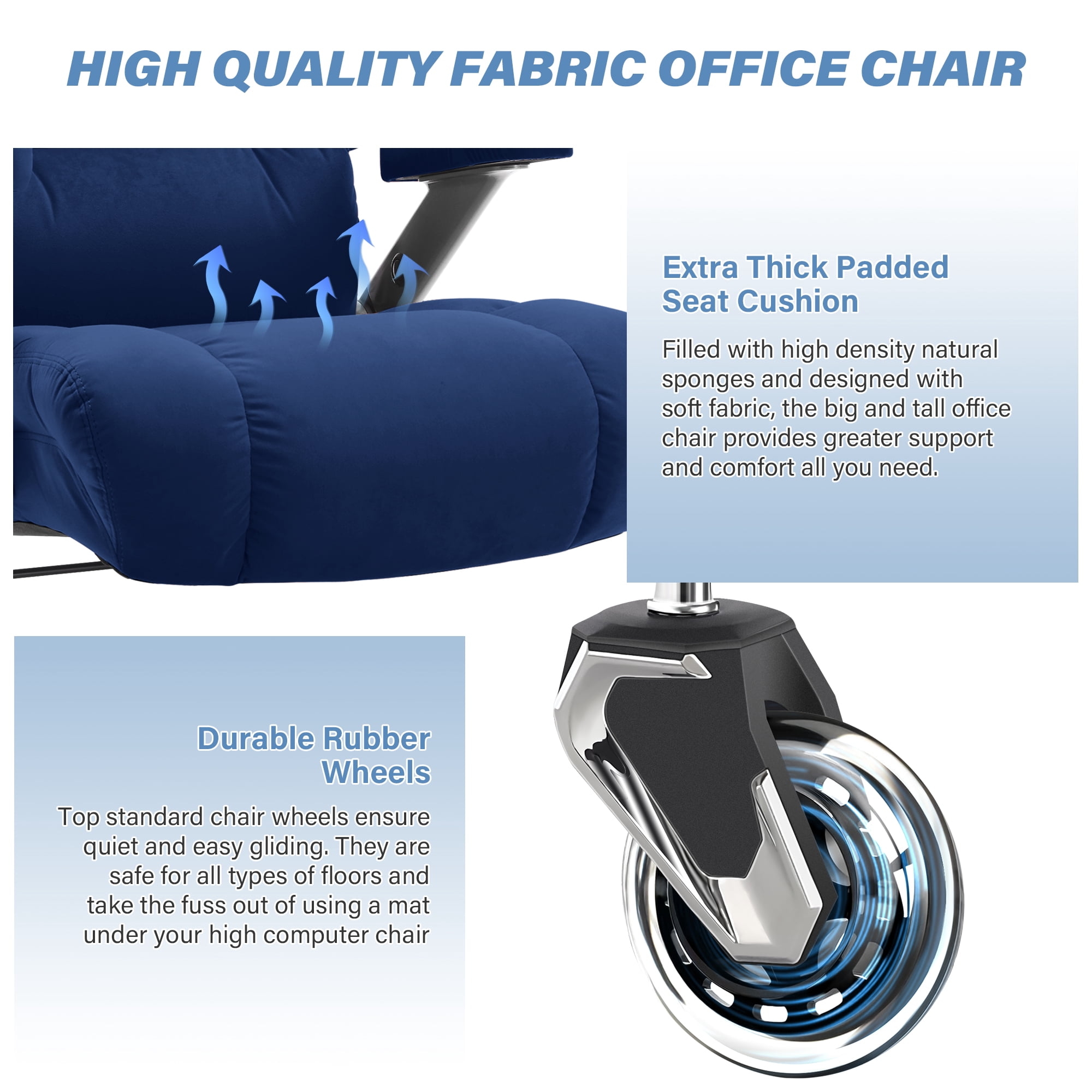 Big and Tall 700lbs Office Chair, Ultra-Soft Fabric Executive Desk Chair, Ergonomic Computer Chair with 3D Flip Up Arms, Adjustable Lumbar Support, Heavy Duty Metal Base and Quiet Rubber Wheel, Blue