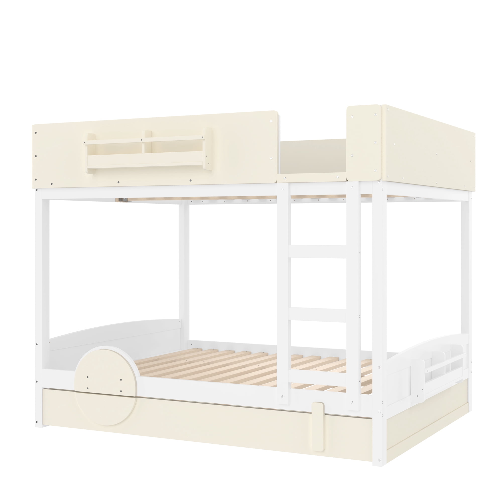 Mintazer Queen Over Queen Car Themed Bunk Bed with Trundle & Bookshelf, Modern Bunk Bed with Guardrail for Kids, White & Beige