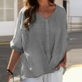 thumbnail image 2 of Blusa de verano de lino con cuello en V y botones para mujer - Top informal oversize de manga corta y corte holgado, 2 of 5