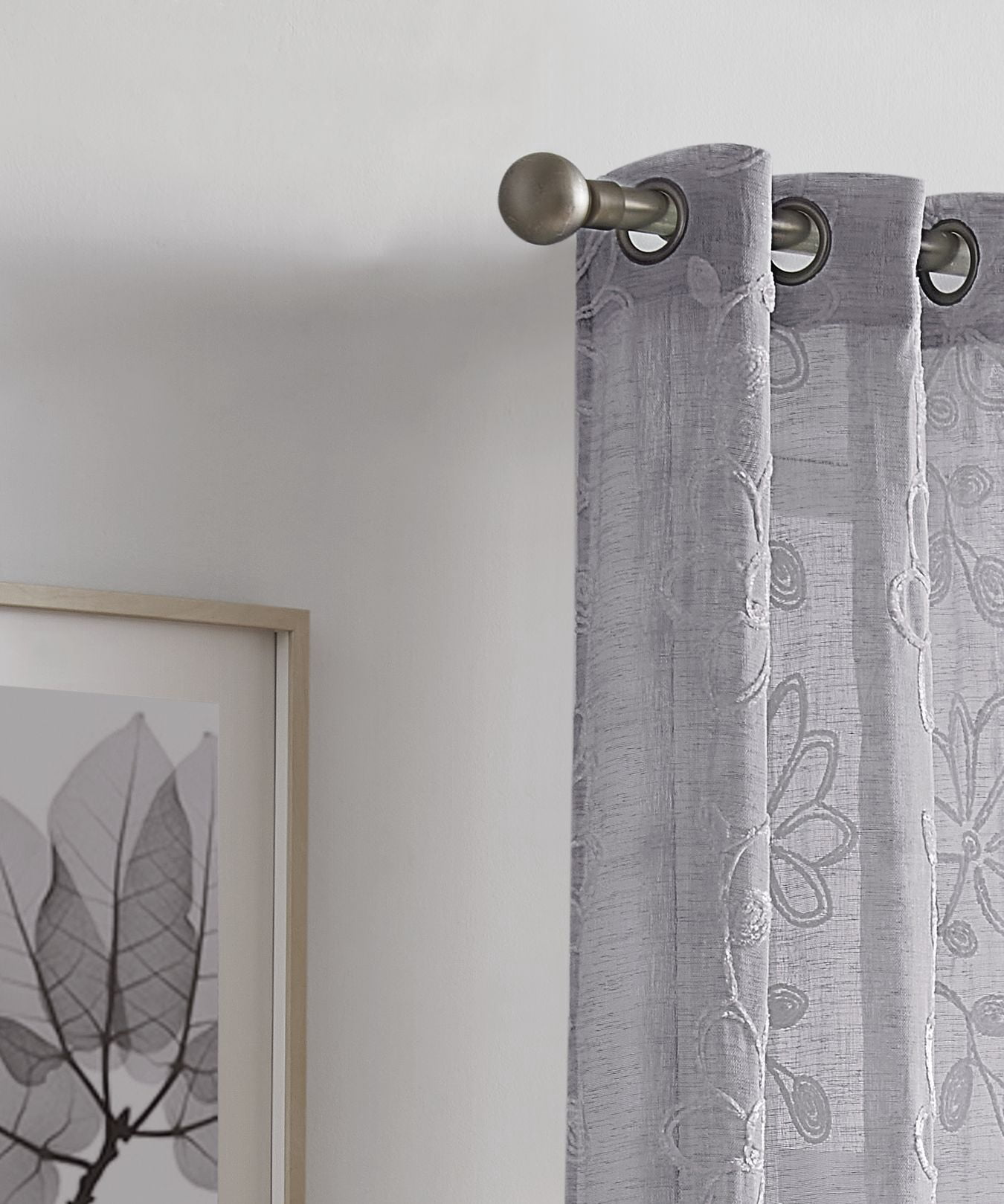 Dainty Home Rita 3D Floral Chenille Embroidered Solid Sheer Linen Look 76" x 96" Window Curtain Panel Pair in Silver