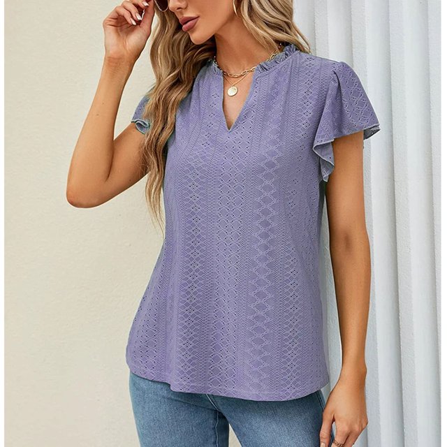 Camisa de manga corta con cuello en V, camisa con ojales y volantes para mujer Camisa con ojales y volantes para mujer Camisa de manga corta con ojales y volantes de calidad profesional