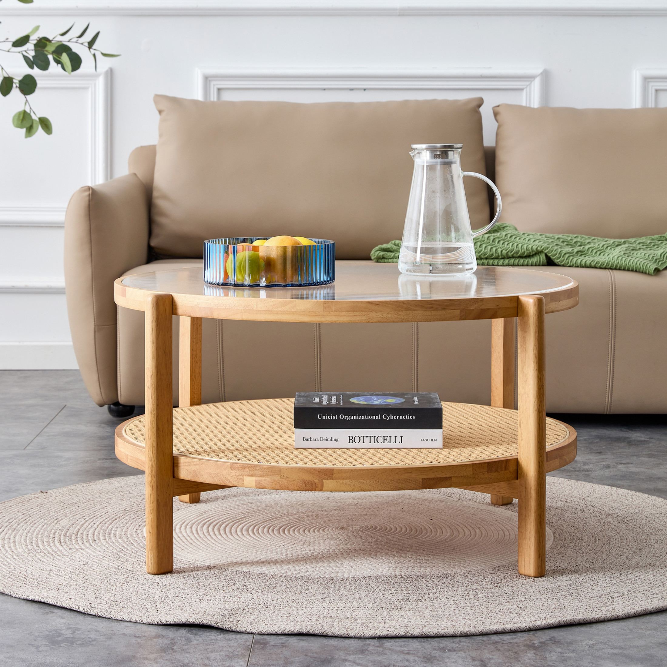 Noble House Double-Layer Round Tea Table, Solid Wood with Striped Glass Top & Rattan Shelf Coffee Table, Natural