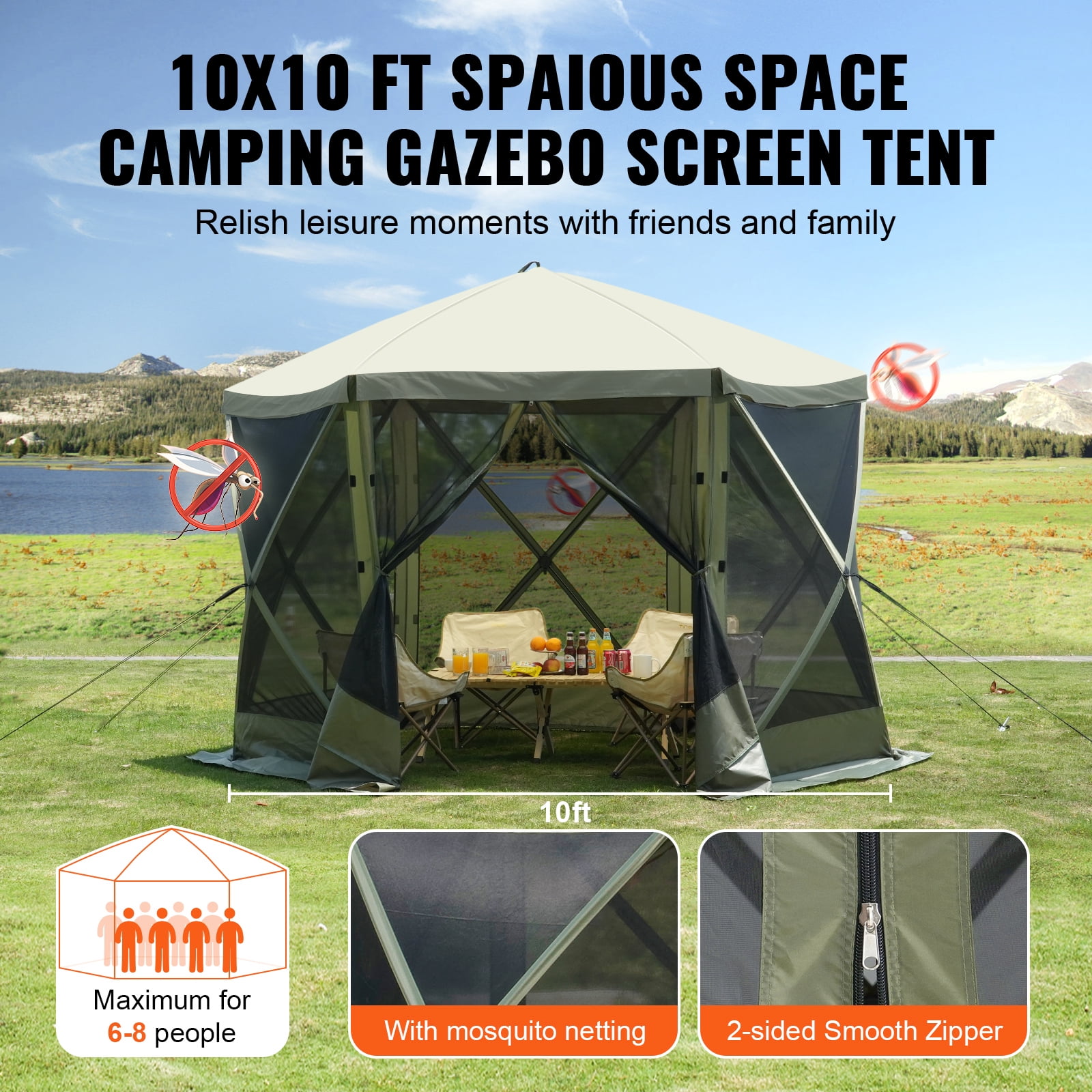 KFFKFF Instant Pavilion, 6-Sided Screened Canopy Tent with Detachable Wind Barriers & Mesh Openings, 10x10FT Rapid Deployment Shelter with Insect Protection, Easy to Assemble, Military Green