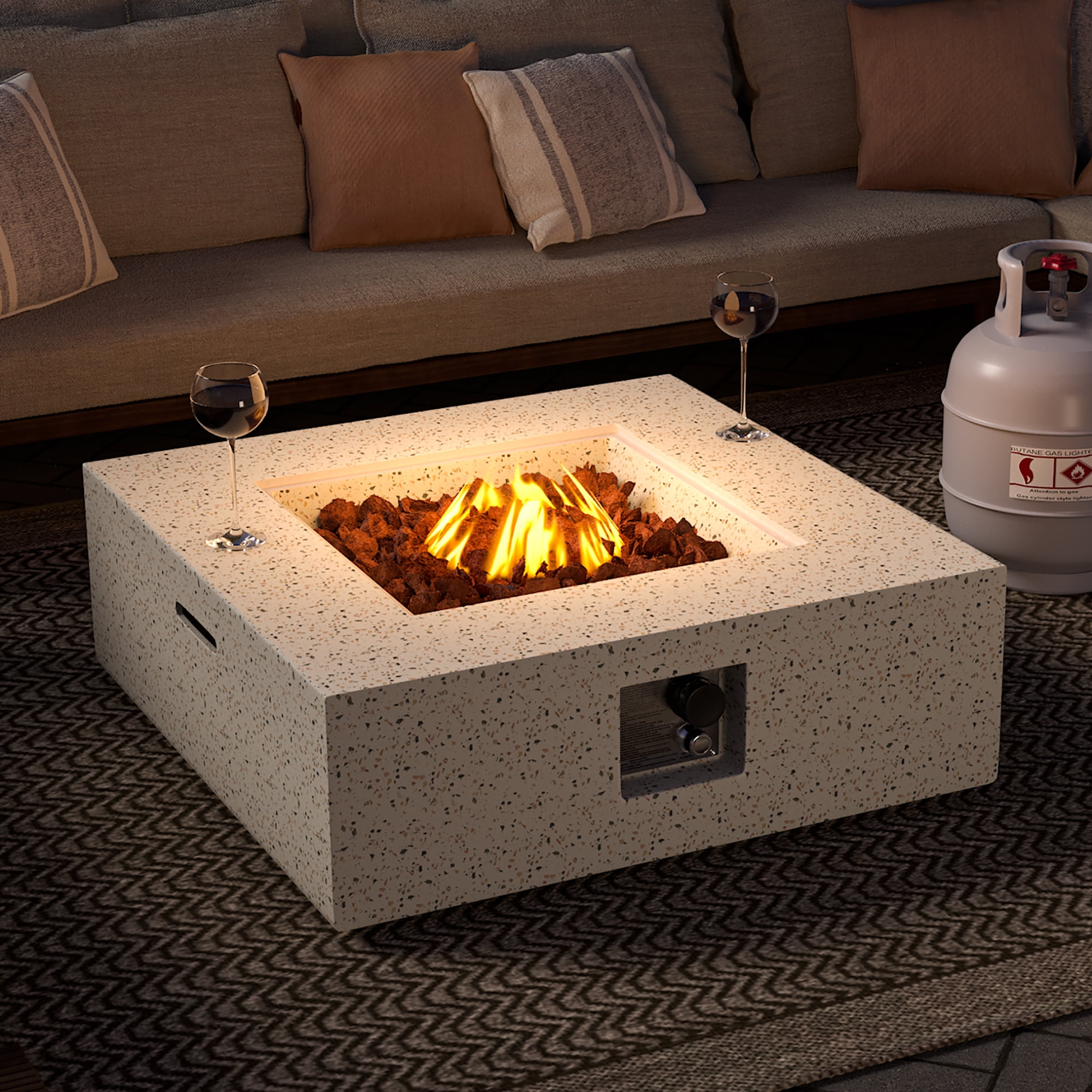 VENTOPYR 35''Outdoor Square Propane Fire Pit Table,Terrazzo White Faux Stone Finish