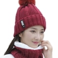 thumbnail image 2 of Winter knitted Hats Ski Cap Wool Lining Ball Cap Pompom Winter Hat For Women Girls Warm Knitted Cap wine red, 2 of 9