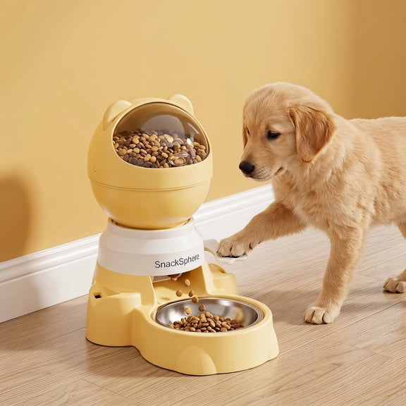 Gravity and Push-Button Automatic Cat and Dog Feeder, 1.5L Dry Food Dispenser, Slow Feed Pet Feeder for Small Cats and Dogs, Yellow