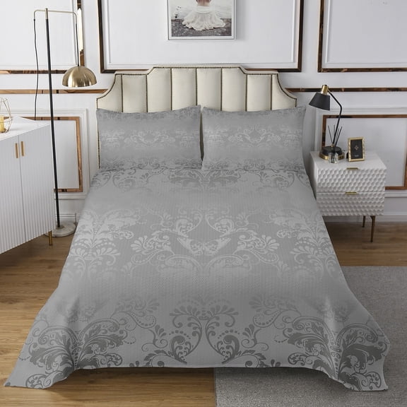 Adults Damask Gothic Bedspread Set Antique Victorian Quilt Set Twin,Vintage Floral Goth Coverlet Set Aesthetic Butterfly Quilted,Sugar Skull Skeleton Bohemian Baroque Decor,Grey