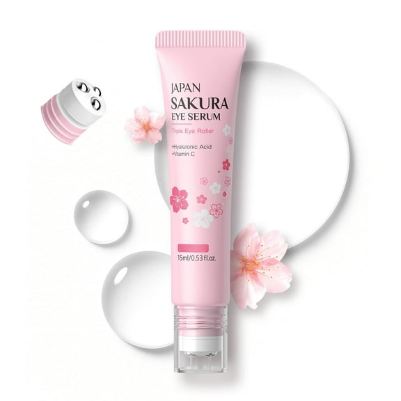 2-in-1 Sakura Eye Serum and Eye Roller, Eye Massager Roller Lifting, Eye Cream for Nourishing Relieve Eye Bags, Dark Circles, and Puffiness, Fine Lines, Under Eye Treatment Cream