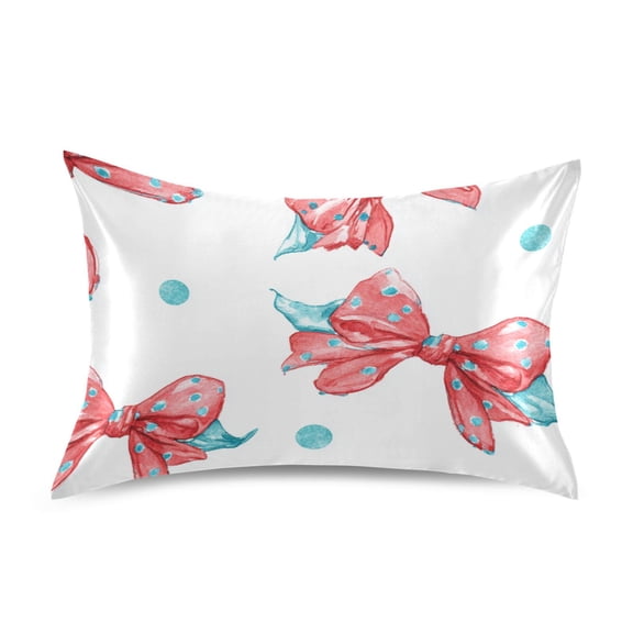 Pink Bows with Blue Dots Cute Satin Pillowcase Envelope Design Pillow Covers 1 Pack Standard Size 20" x 26"