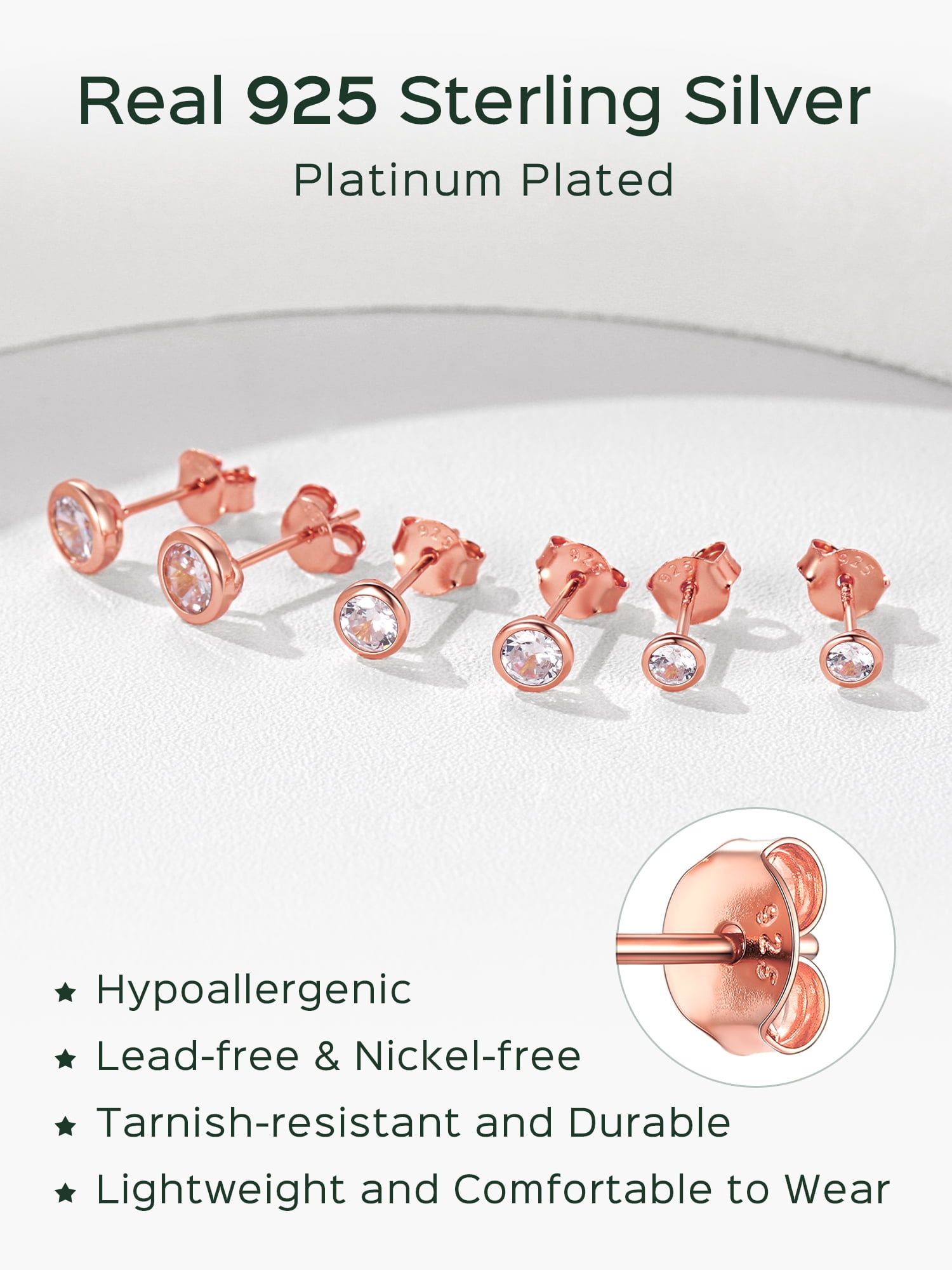 ChicSilver 3 Pairs Sterling Silver Stud Earrings for Women, 3/4/5MM Hypoallergenic Simulated Diamond Round Cubic Zirconia Ear Stud Set for Sensitive Ears, Rose Gold