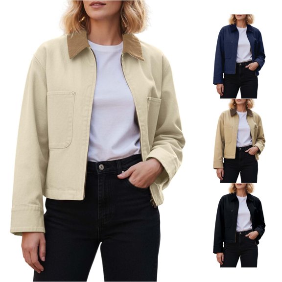 Unir Casual Lapel Cotton Blend Short Jacket for Women, Full Zip Long Sleeve with Pockets, Everyday Practical Fall Outerwear, 1 Piece, S-XL