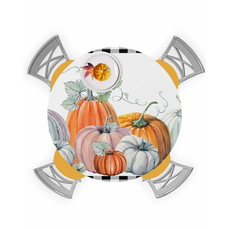 

Round Tablecloth with Elastic Fall Thanksgiving Pumpkin Black White Plaid Waterproof Stain-proof Table Cover Wipeable Fitted Table Cloths for 45 -54 Round Tables Dining Kitchen