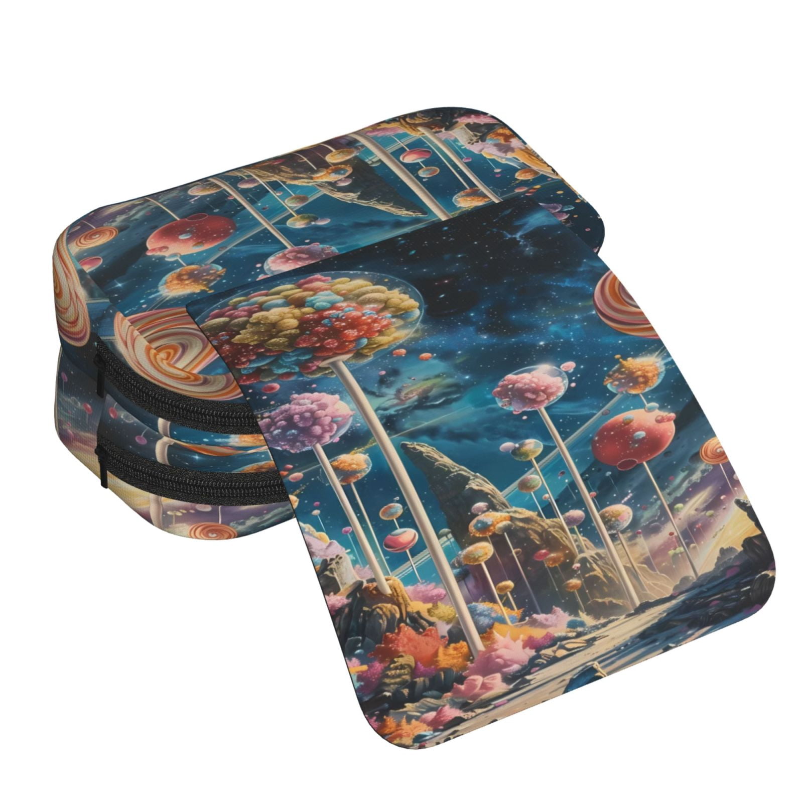 Rateoe Starry Sky Planet Lollipop Pattern Double Clamshell Pen Case, Storage Organizer with Two Zipper Compartments– Holds Up to 50 Pencils & Pens