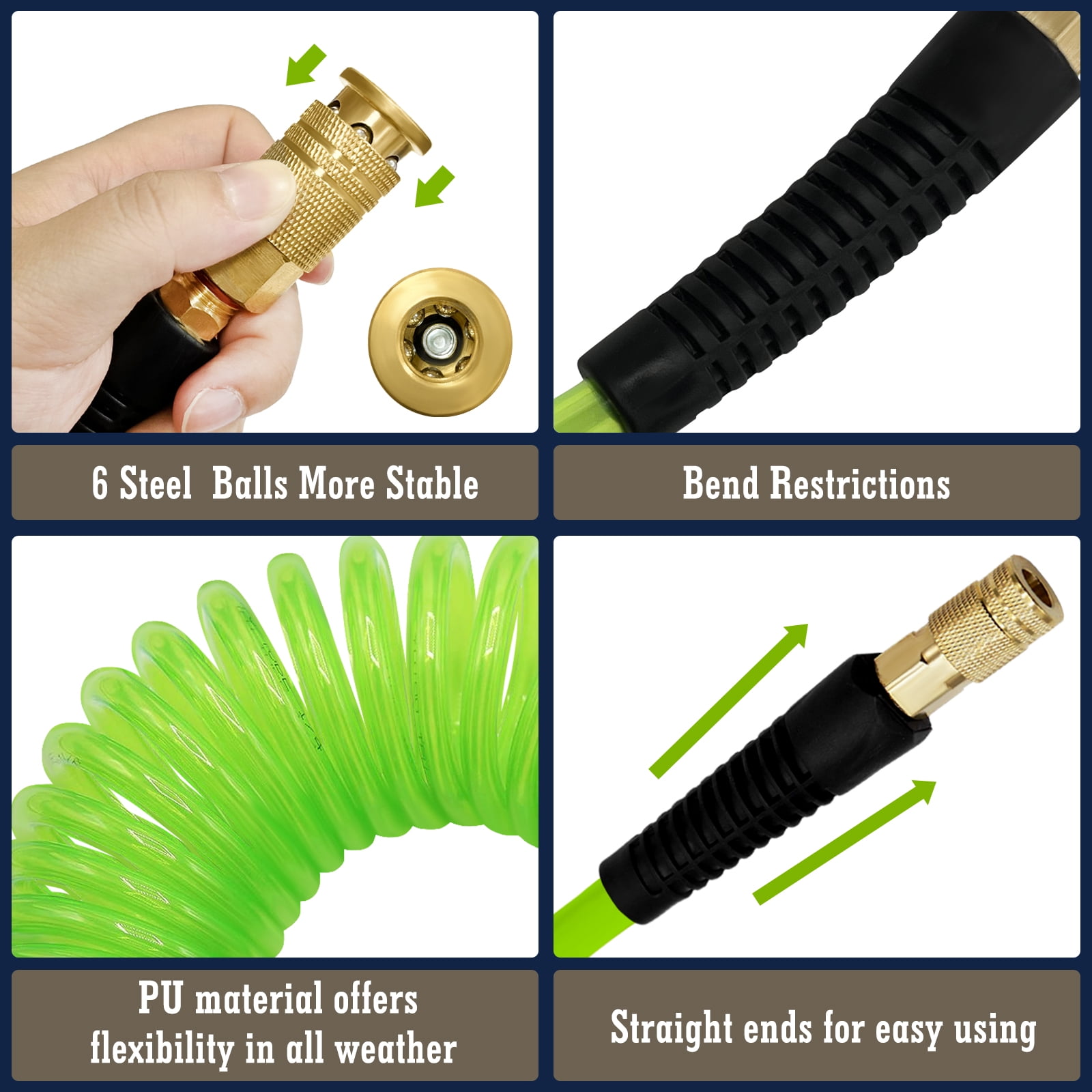 AGALI 1/4 in x 25 ft Air Hose with Bend Restrictor, Air Compressor Hose with 1/4 Solid 100% Pure Copper Quick Connect Fittings and I/M Plug Kit, Coiled PU Air Hoses 1/4", Green