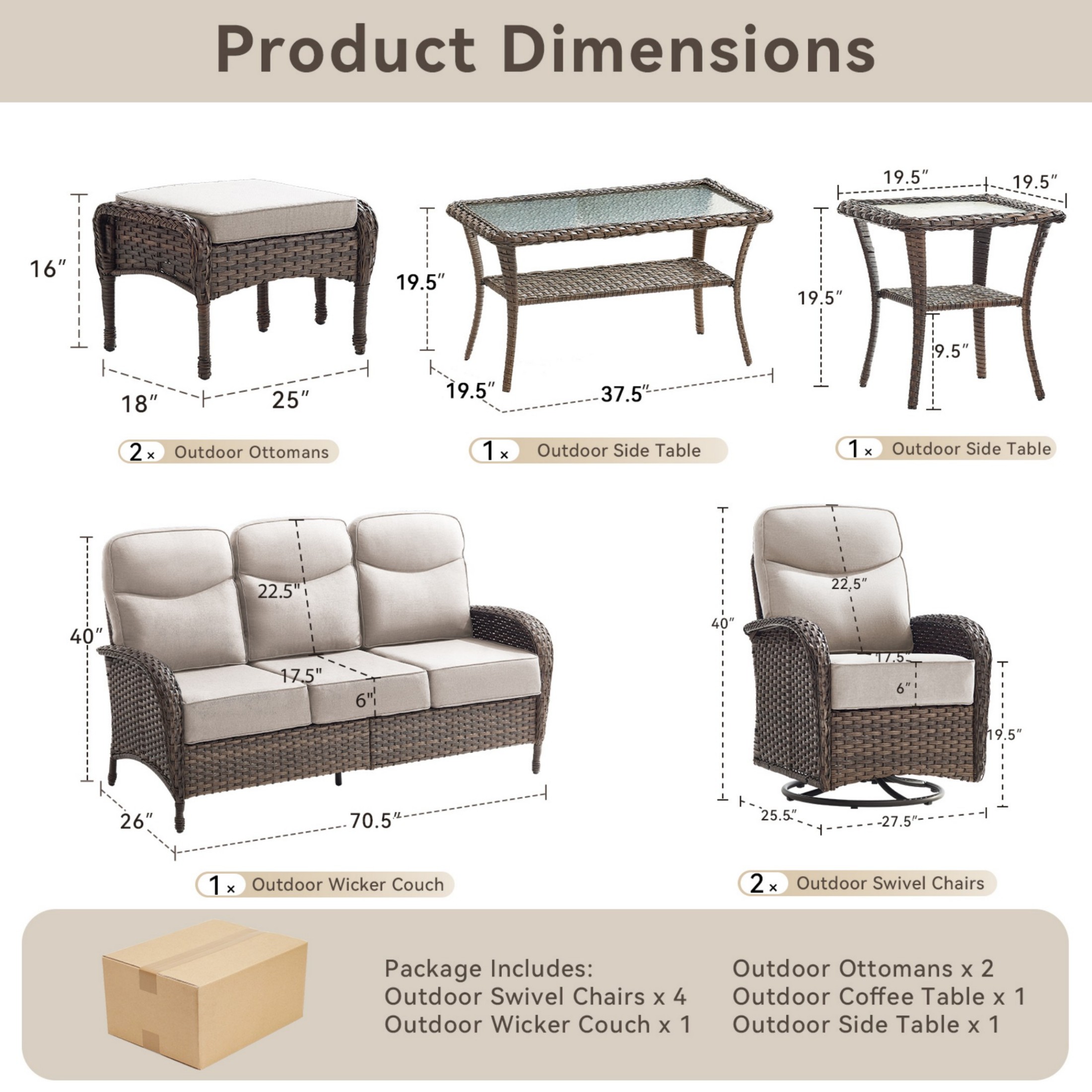 Unnifurnzi 10 Pieces Patio Furniture Set-6'' Thick Cushions Outdoor Furniture with Swivel Rocker Chairs Outdoor Couch and Ottomans Wicker Patio Furniture for Deck Porch Garden Poolside-Brown/Beige