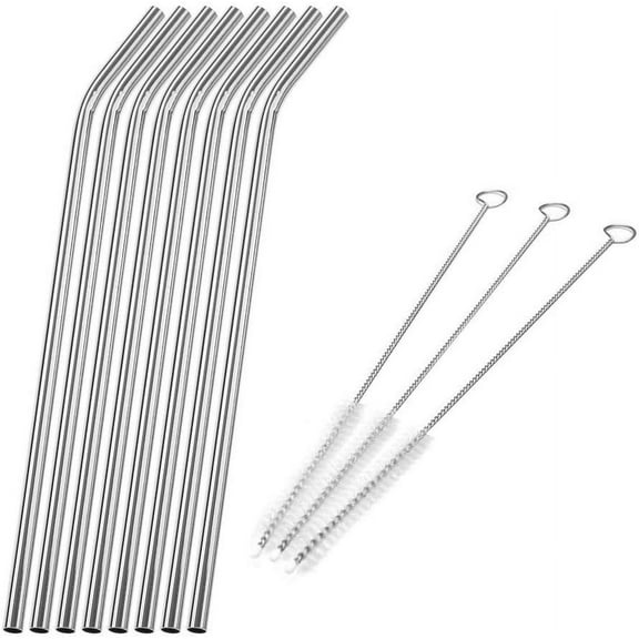 Reusable Stainless Steel Straws Cleaner Brush Set Metal Drinking Bent Straws for 20oz 30oz 40 oz Tumblers Beverage Long 8.27'' (8 Straws 3 Brushes)