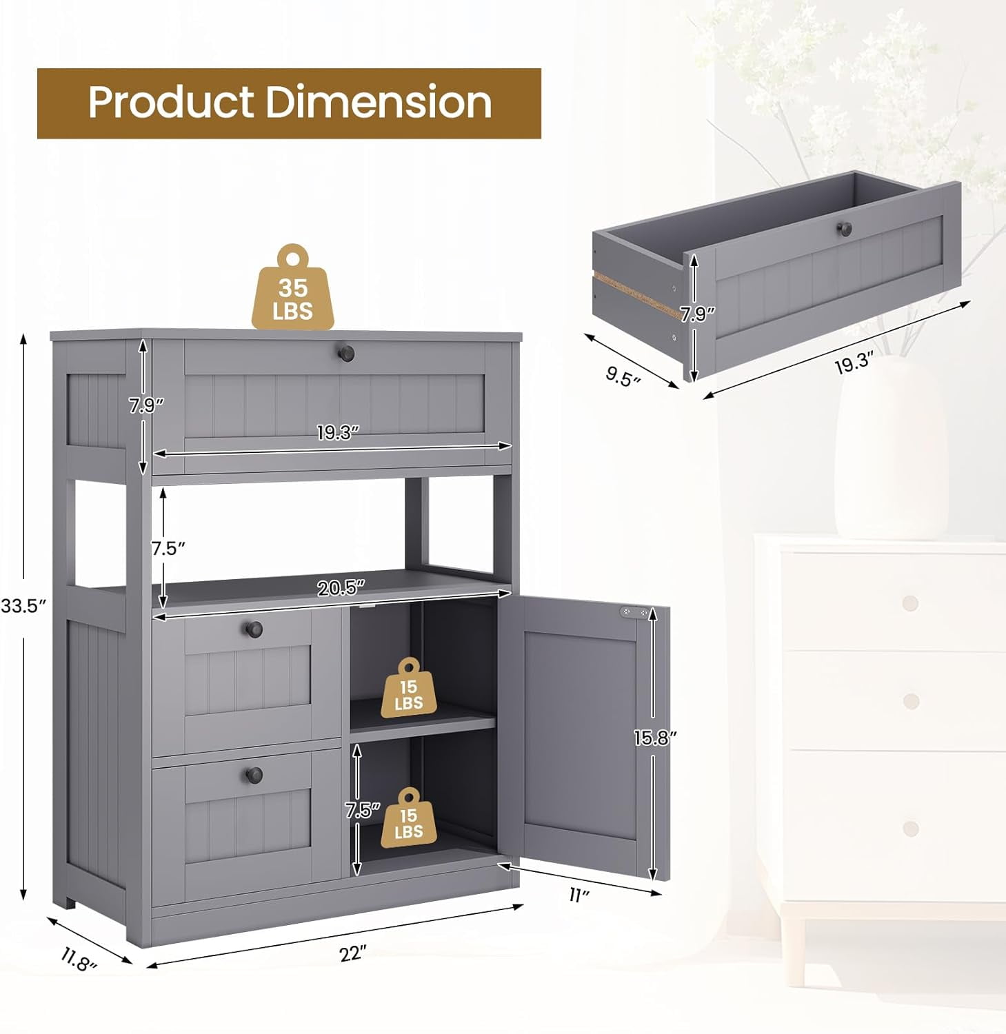 Bathroom Cabinet, Modern Bathroom Floor Storage Cabinet Organizer with 1 Door and 3 Drawers, Freestanding Cupboard for Kitchen/Living Room Use