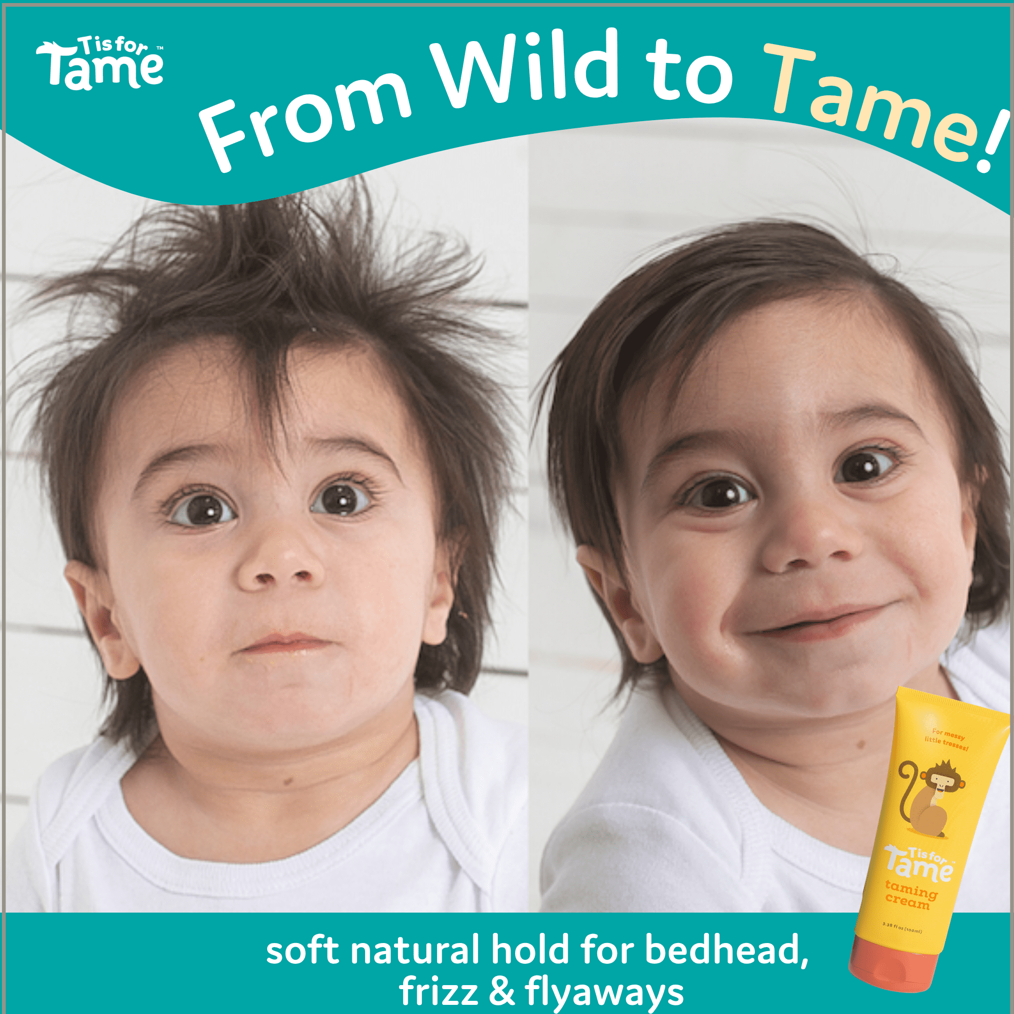 T is for Tame Kids Hair Taming Cream for Frizz, Flyaways and Bedhead, 3.38 fl oz