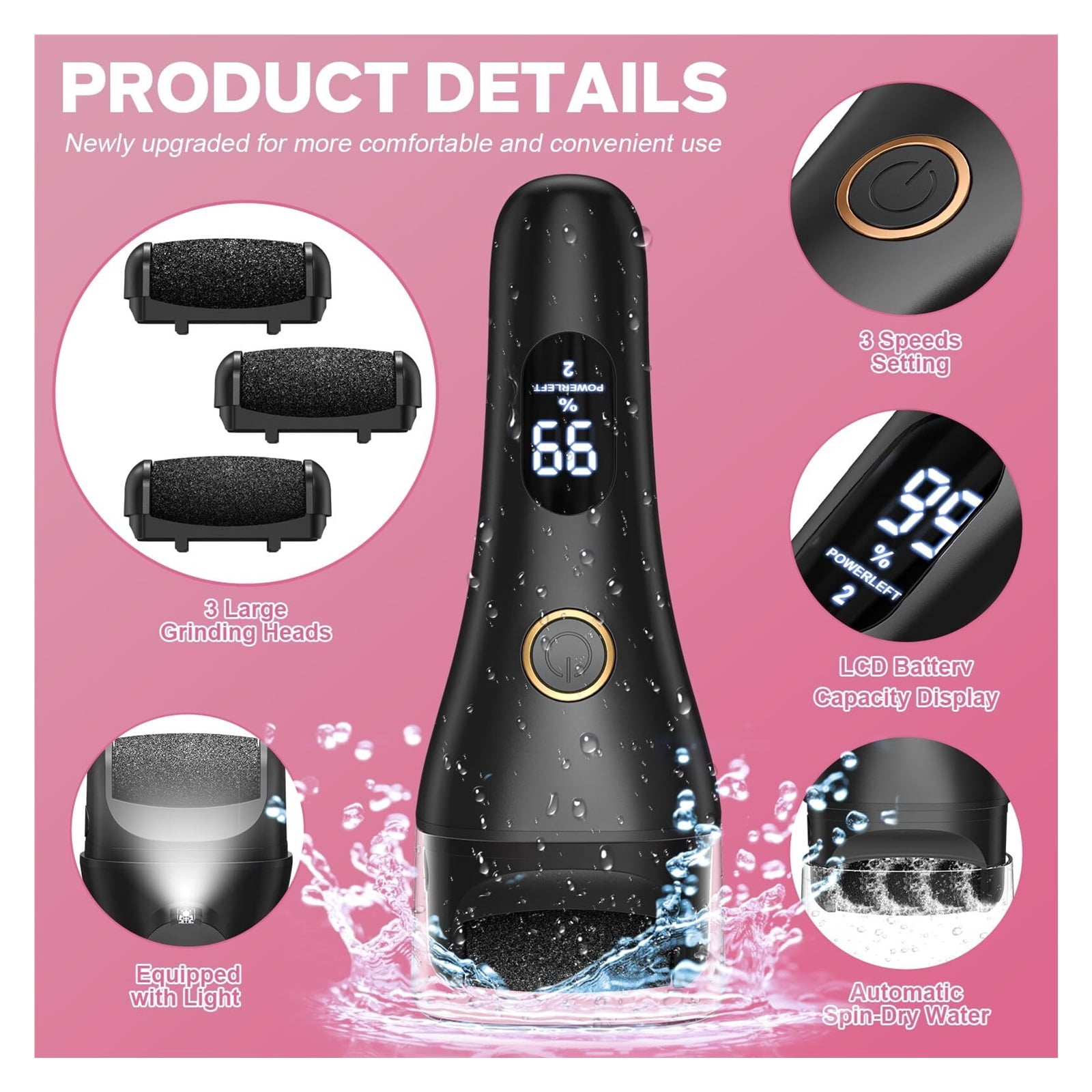 Electric Foot File - Callus Remover for Feet, Adjustable 3 Speed Foot Callus Remover with 16 in 1 Pedicure Tools Professional Foot Care, to Remove Dead Skin and Calluses Hard Skin Dry Cracks (Black)
