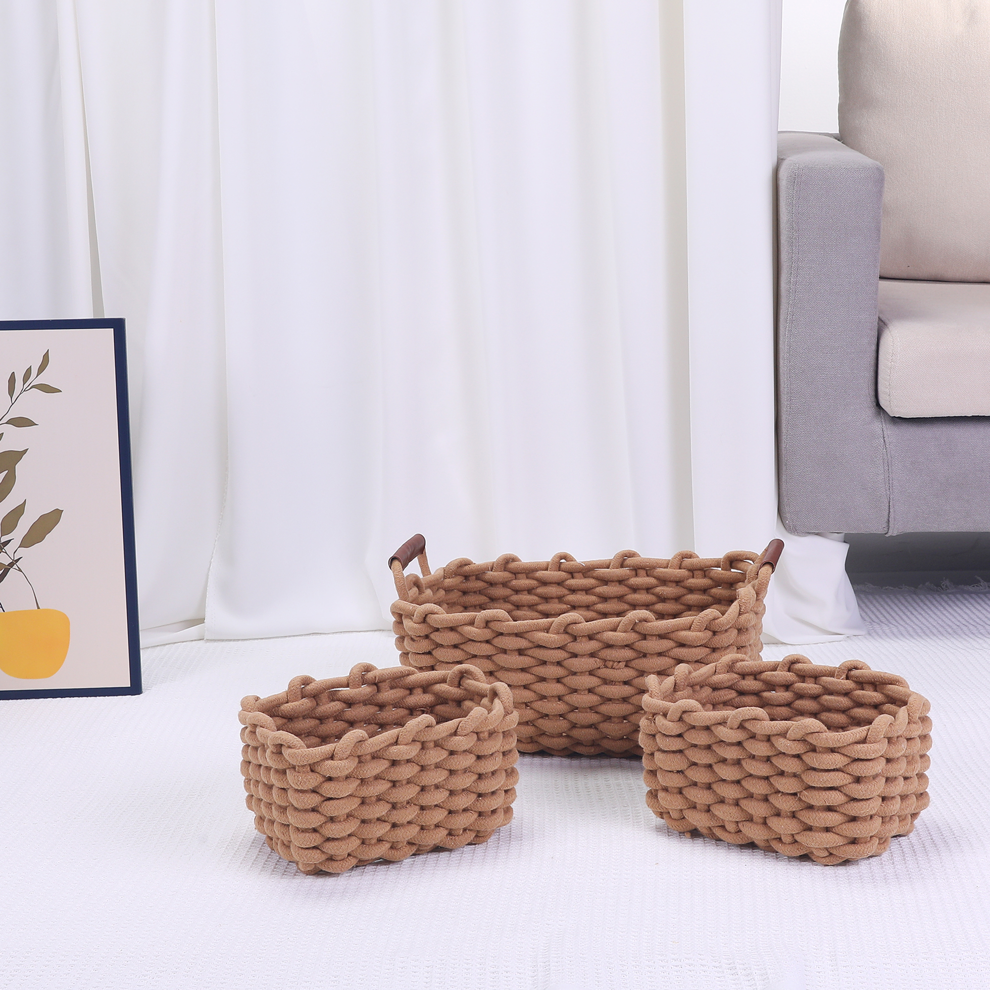 Unique Bargains Woven Storage Basket Shelf Storage Bin with Handle for Key Tray Bowl Brown