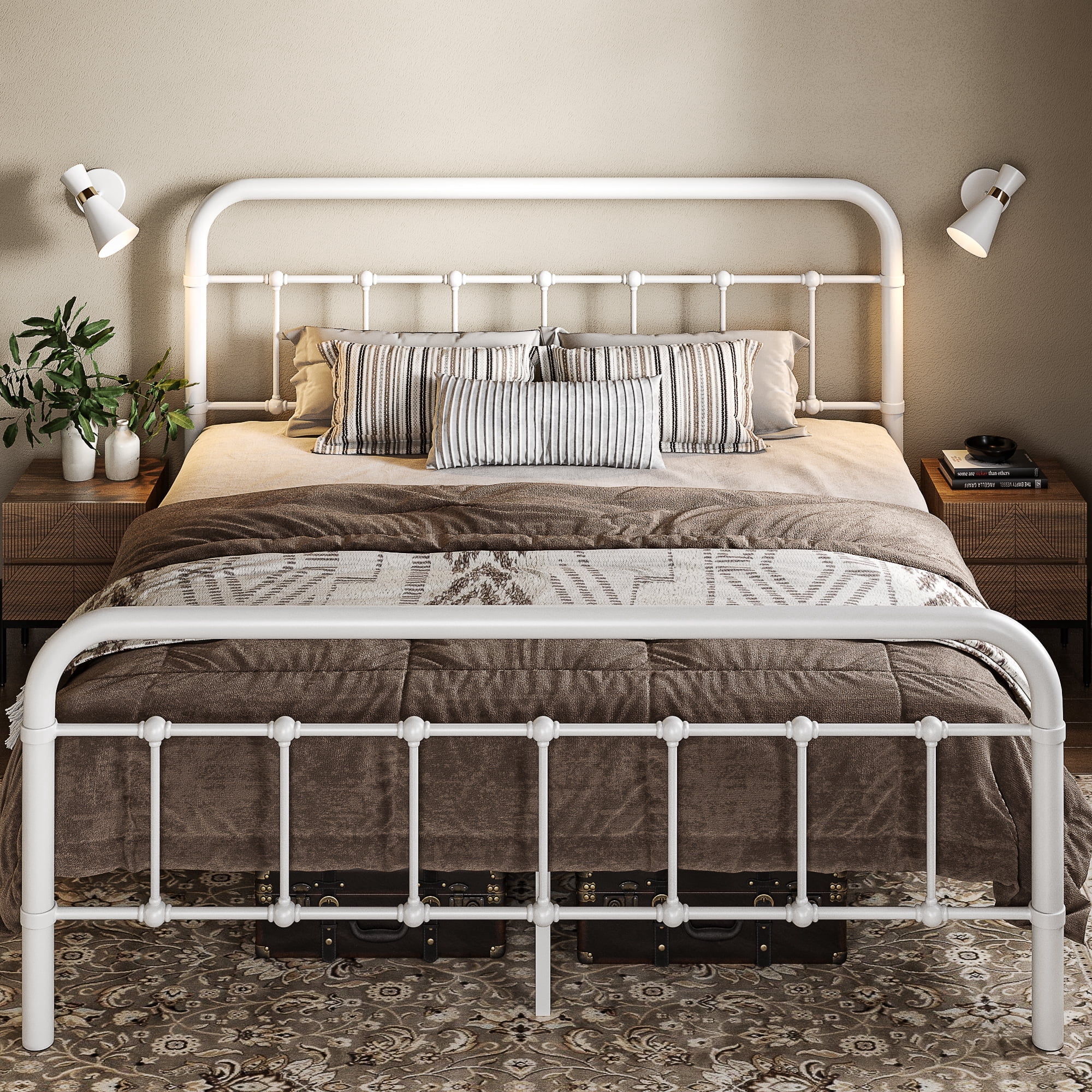 Allewie Queen Size Metal Platform Bed Frame with Victorian Style Wrought Iron-Art Headboard/Footboard, White