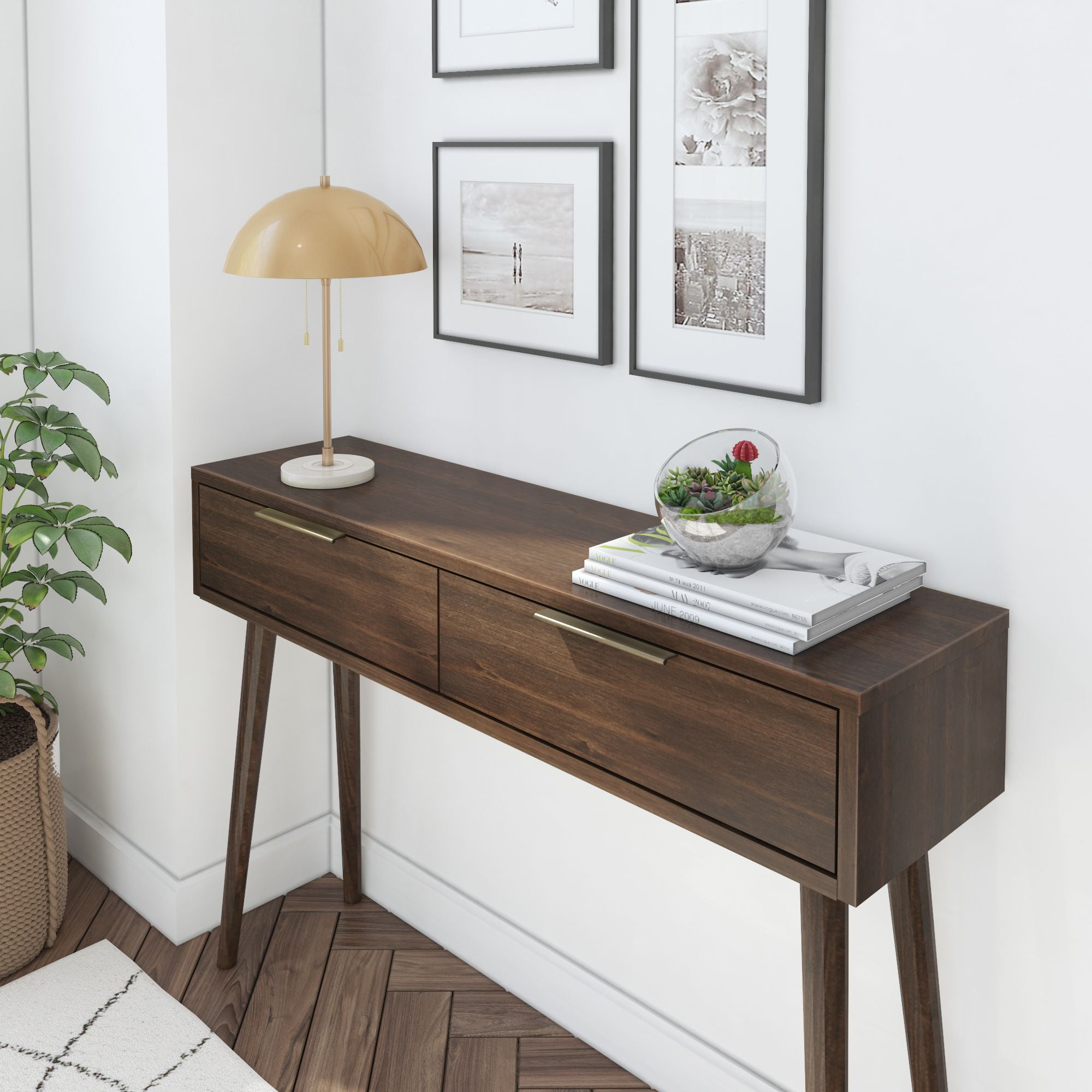 Plank+Beam 46" Mid Century Modern Console Table with Storage Shelves, Entryway Table with Storage, Foyer Tables for Entryway, Console Table, Walnut
