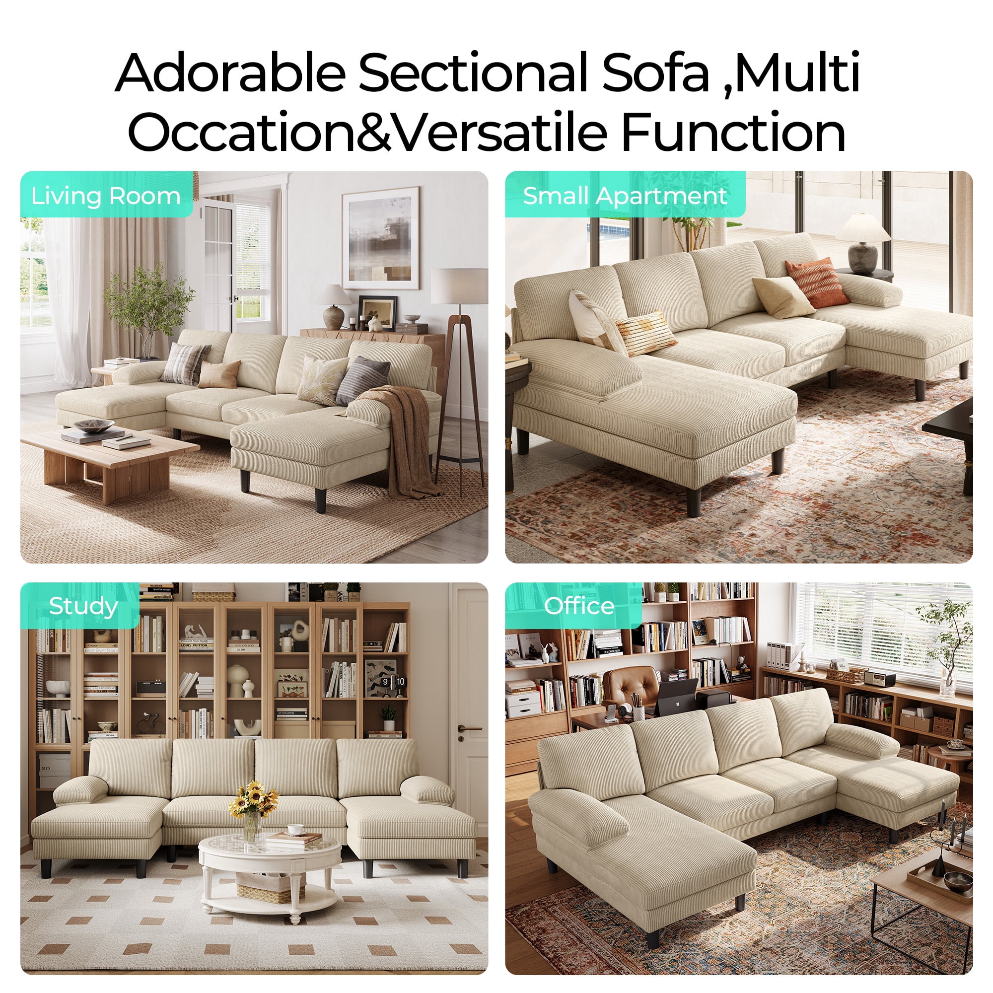 Linsy Home Sectional Sofa for Living Room, U-Shaped Sofa Couch with Corduroy Fabric, 4 Seat Sofa Set with Double Chaise for Apartment, White