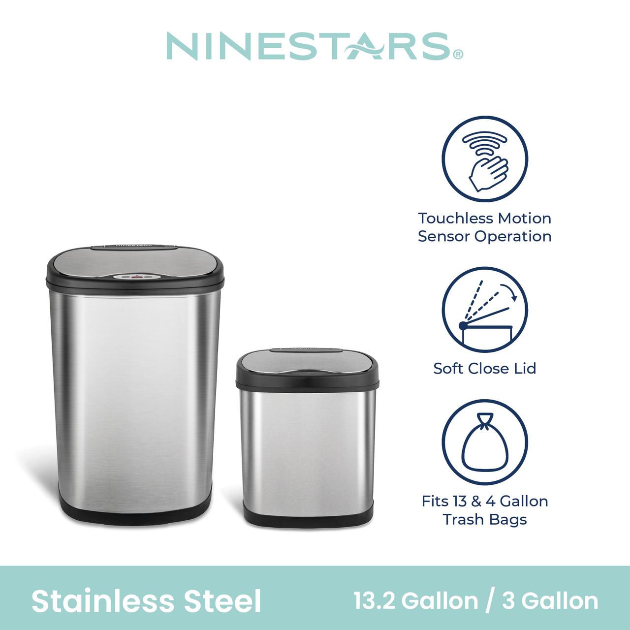 Nine Stars Automatic Kitchen Trash Can Combo, 13.2 and 3.2 Gallon Stainless Steel Motion Sensor Garbage Bin with Soft Close Lid, Silver