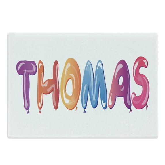 Thomas Cutting Board, Colorful Common American Boy Name with Connection Fun Balloons, Decorative Tempered Glass Cutting and Serving Board, Large Size, Multicolor, by Ambesonne