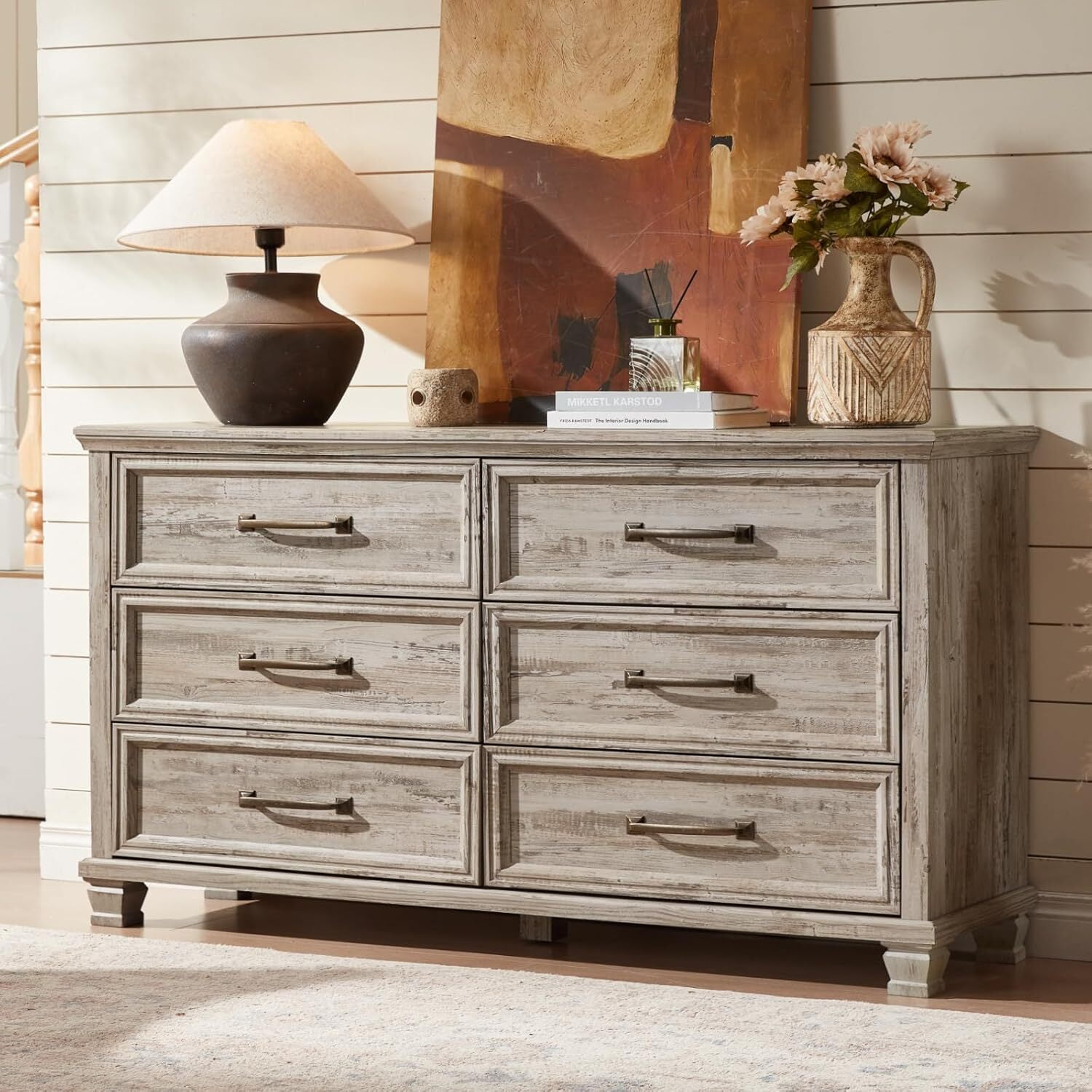 LELELINKY 6 Drawer Wood Dresser Furniture, Double Tier Storage Cabinet for Bedroom & Living Room, Grey Finish