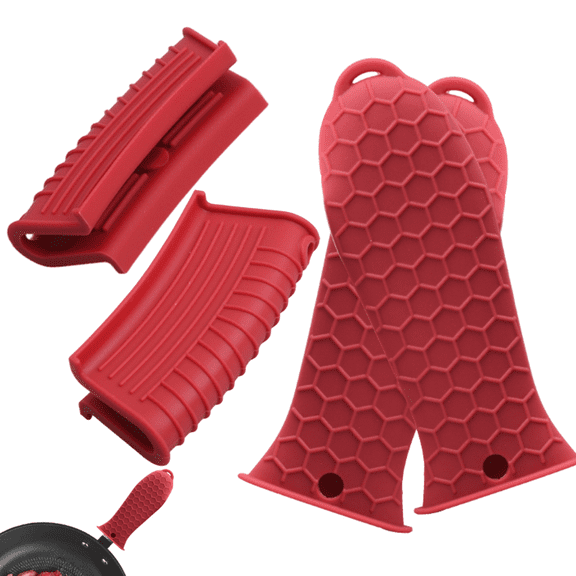 4Pcs Silicone Pot Holder & Mitts, Cast Iron Hot Handle Holder – Heat Resistant, Non-Slip, Dishwasher-Safe Grip Covers for Skillets, Cookware