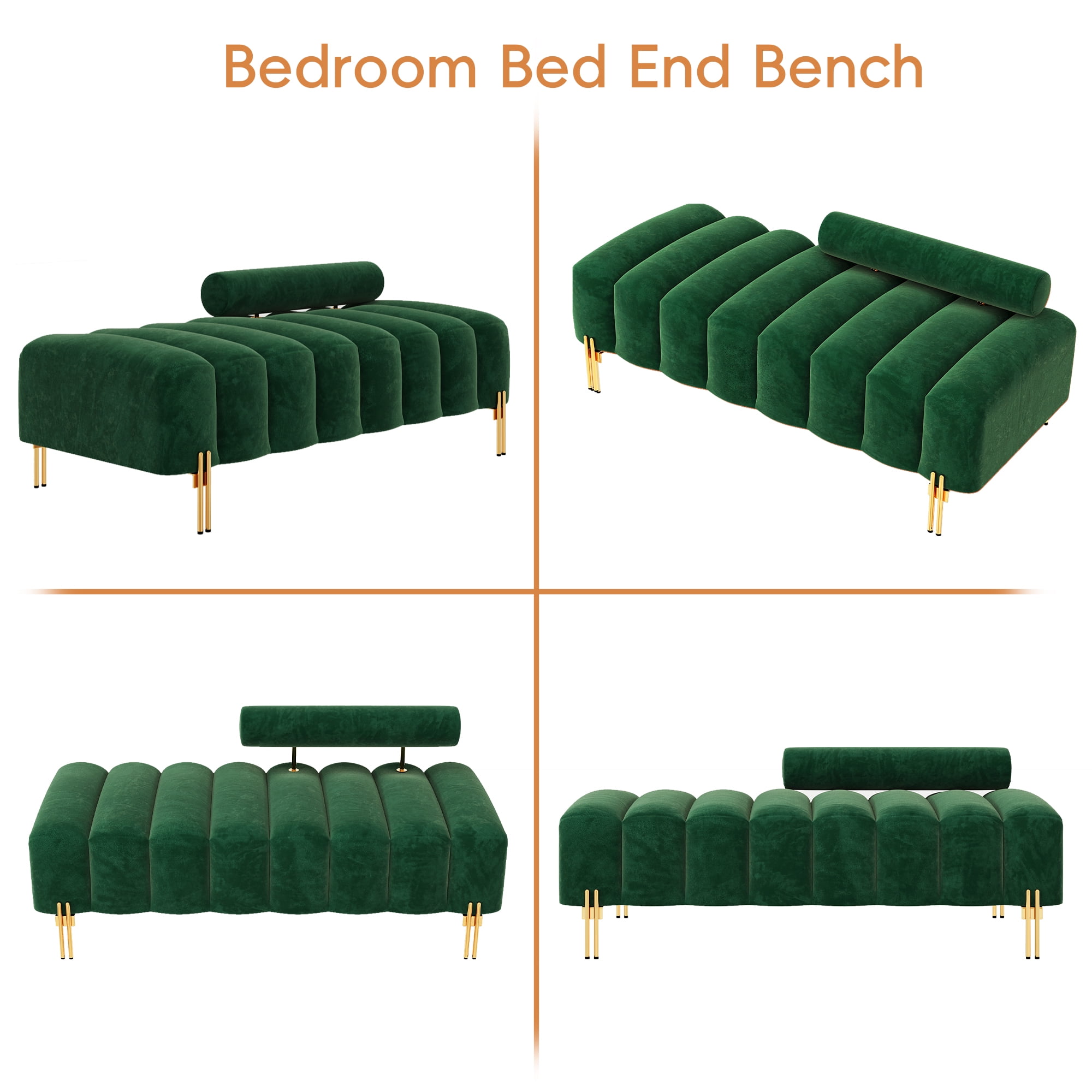 Wiilayok 52" Upholstered Velvet Ottoman Bench,End of Bed Bench with Gold Legs,Tufted Long Bench for Bedroom Living Room Foyer Indoor Entryway,Green