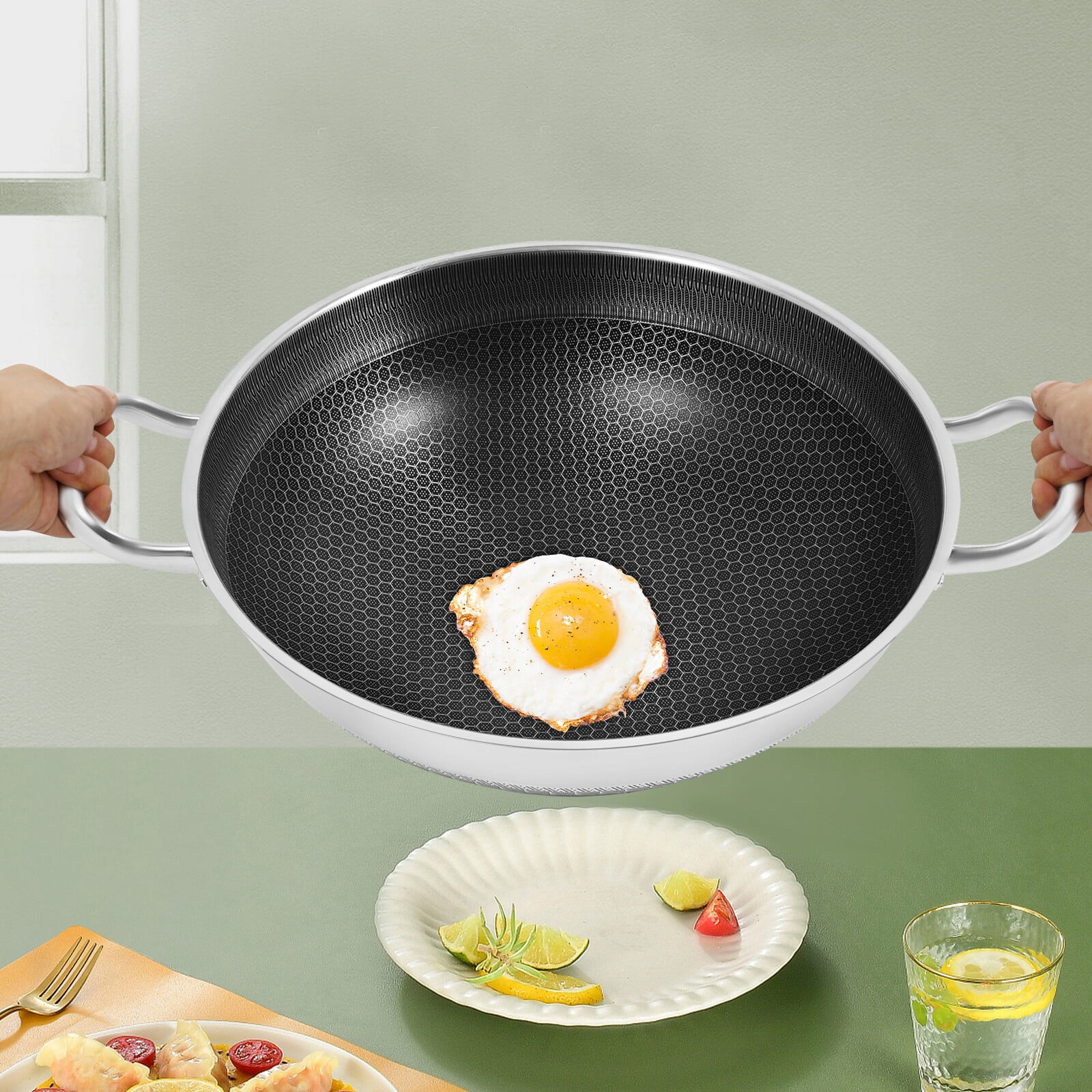 DENEST Stainless Steel Pan, Cooking Pan, Double-sided Honeycomb Frying Pan, Non-stick Pan with Lid Induction Cooker Gas Stove