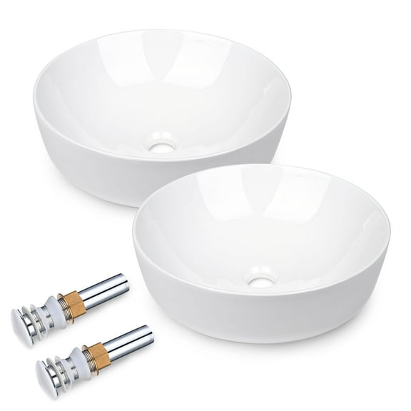 Aquaterior 2 Pack Round Bathroom Vessel Sink with Pop up Drain 16"x5" Above Counter Ceramic Vessel Sink For Hotel