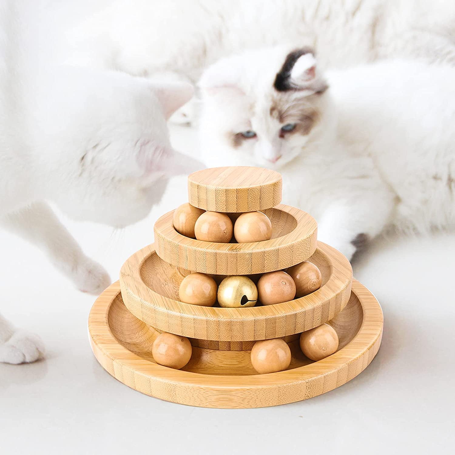 Cat Toy with Bell Rolling Ball Cat Tower Toy 3 Level Tower of Tracks Cat Teaser Ball Toy Three ply rotatable Smart Track Ball Rocking roll Gifts Bamboo Walmart
