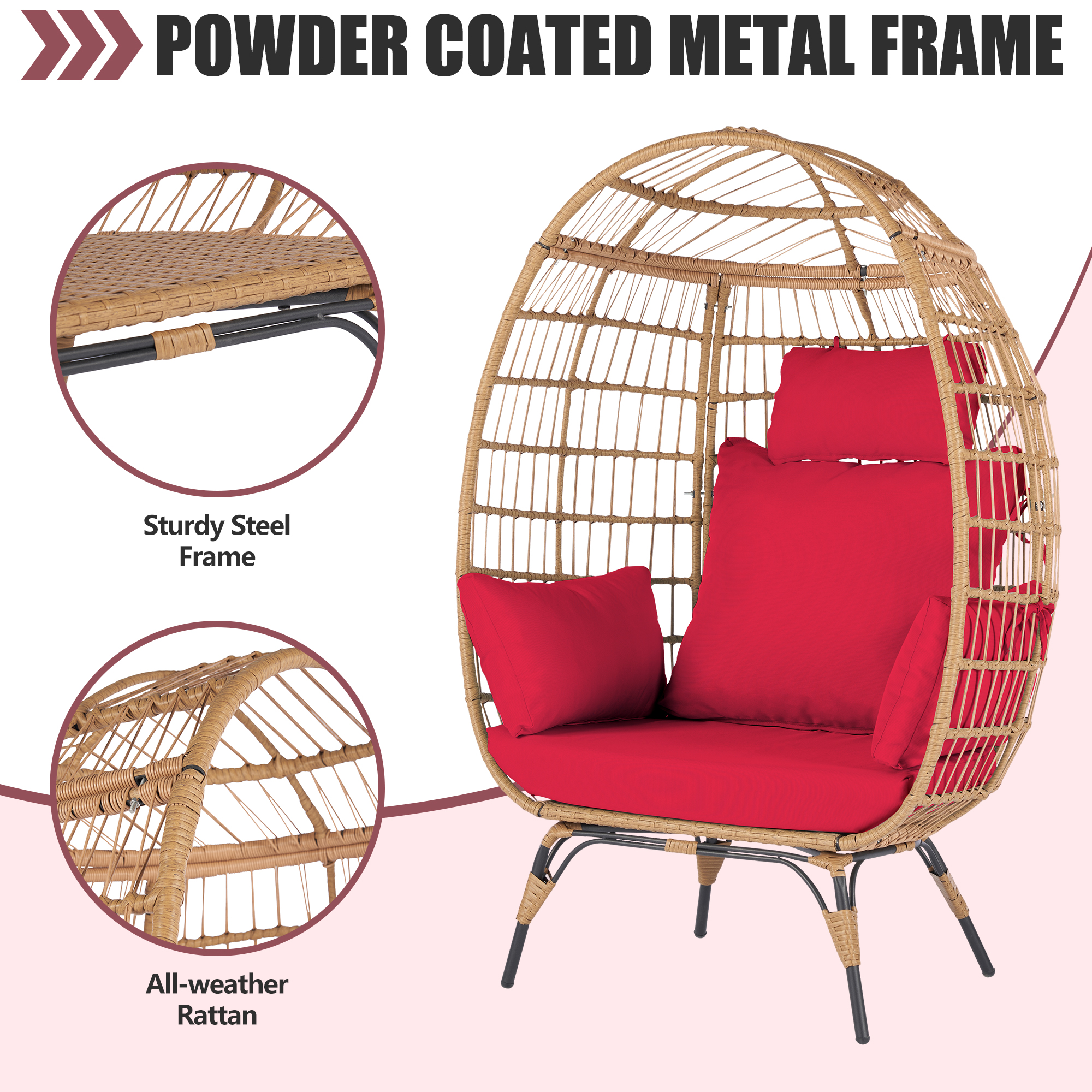 Outdoor Stationary Egg Chair, Wicker Egg Swing Chair with Red Cushions for Patio, Garden, Backyard, Rattan Standing Egg Chair - image 5 of 10