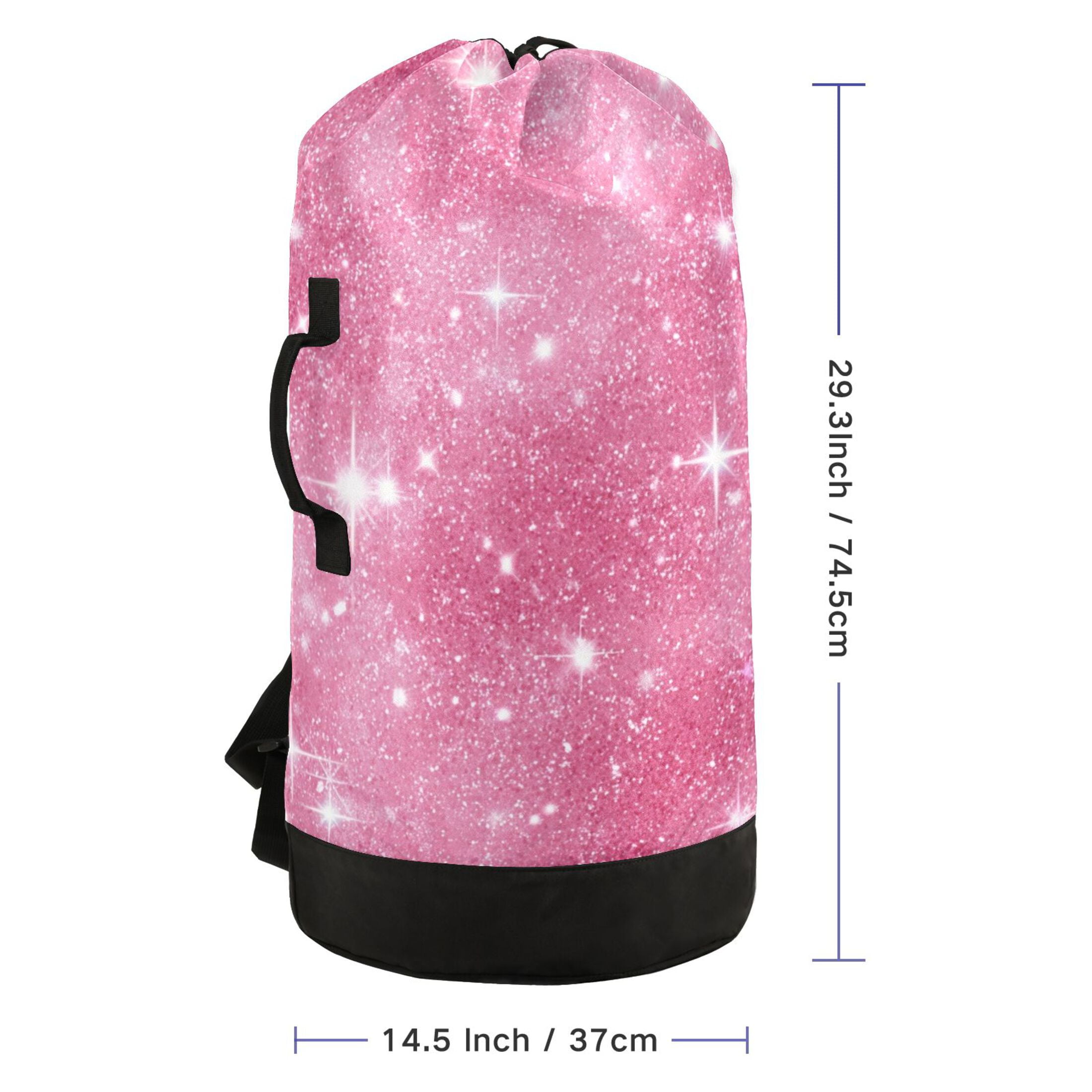 14.5x29.3in Laundry Backpack Bag with Drawstring & Adjustable Straps Heavy-Duty Wash Bag for Travel Storage Camping Pink Glitter Background
