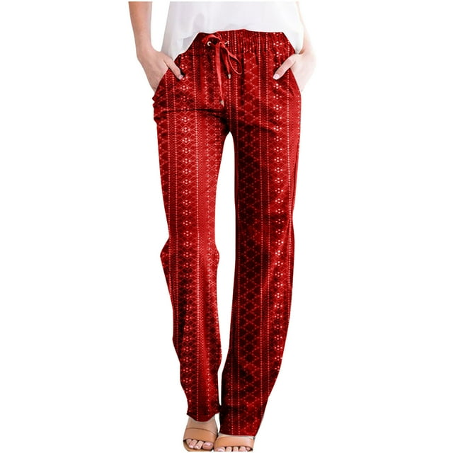 Timegard Eyelet Pants for Women Elastic Waist Solid Color Straight Leg Beach Lounge Trousers with Pockets