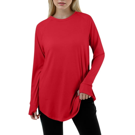 Fiaer Womens Long Sleeve T Shirts with Thumb Loose Fit Plus Size Tshirts Crew Neck Fall Solid Color Raglan Tops Red XL