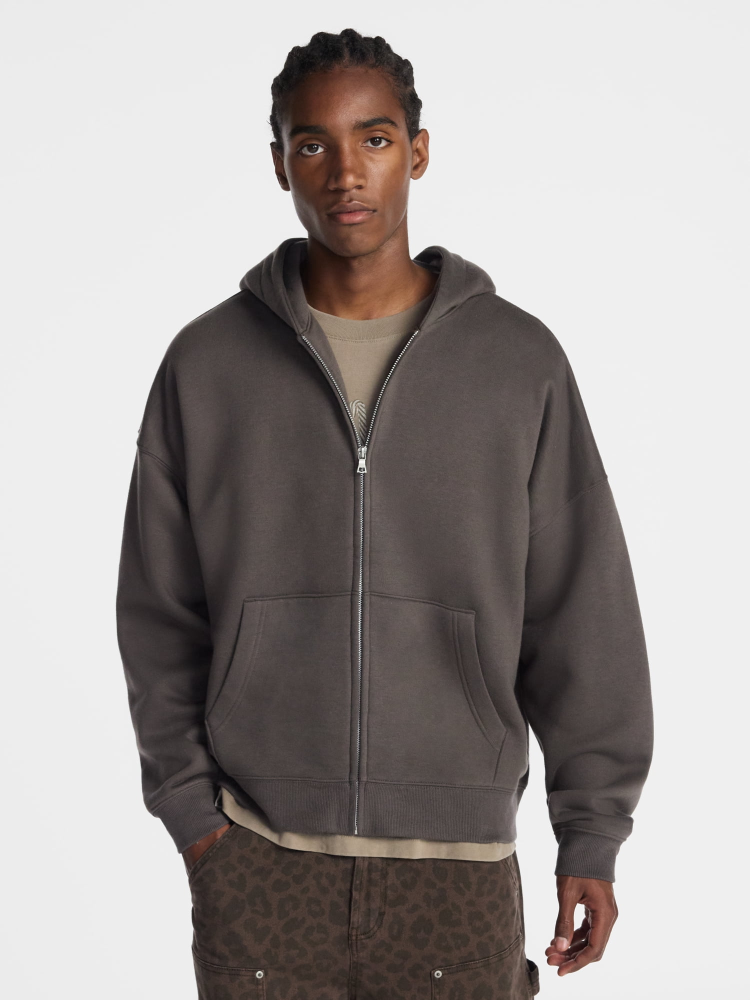 No Boundaries Boxy Oversized Fit Fleece Zip Hoodie Sweatshirt with Long Sleeves, Men's XS-4XLT