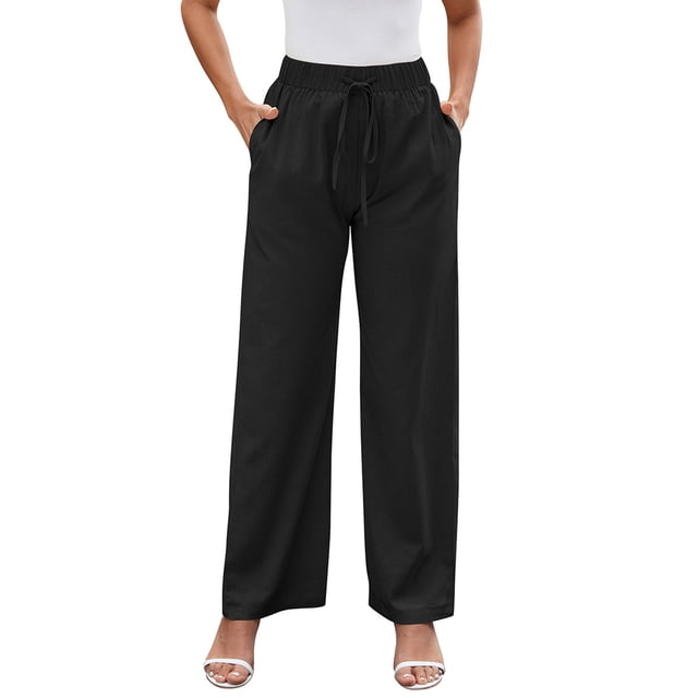 Timegard Womens Wide Leg Pants Elastic High Waisted Drawstring Solid Color Lounge Pants with Pockets