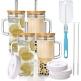 thumbnail image 2 of 24oz Ribbed Glass Tumbler With Handle,4Pack Glass Cup with  and Straws, Glass Iced Coffee Cups With ,Mason Jar Cup&Drinking Glasses for Smoothie,Shake,Juice,Soda Water,,Travel Cup, 2 of 7